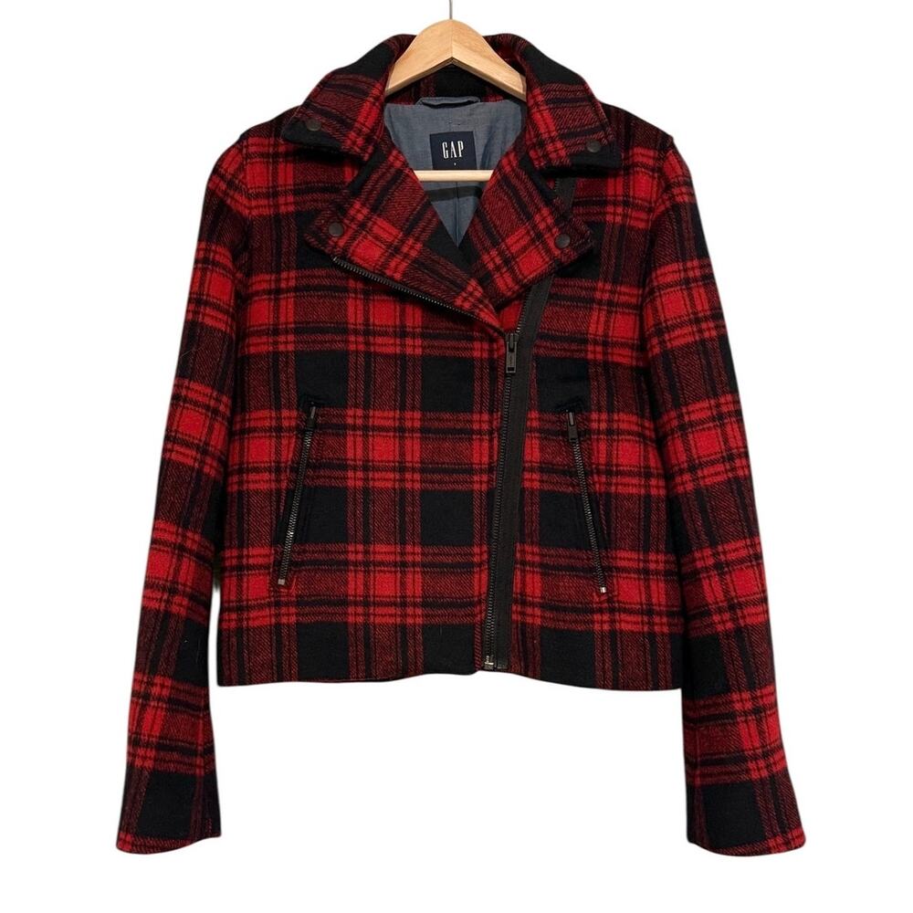 GAP Red Buffalo Plaid Moto Jacket Asymmetrical Zip Wool Blend Cropped Small